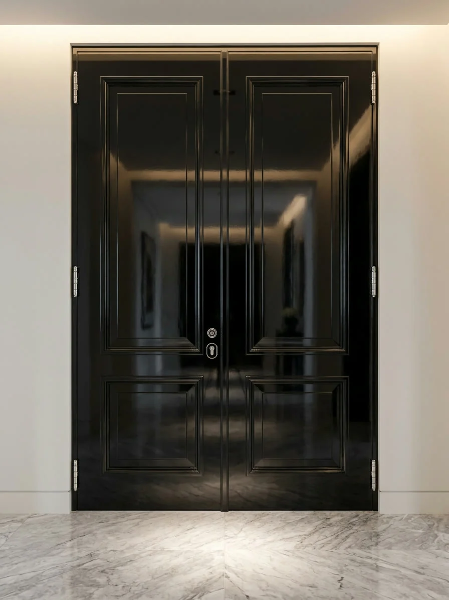 Puerta doble negra en un hall de mármol